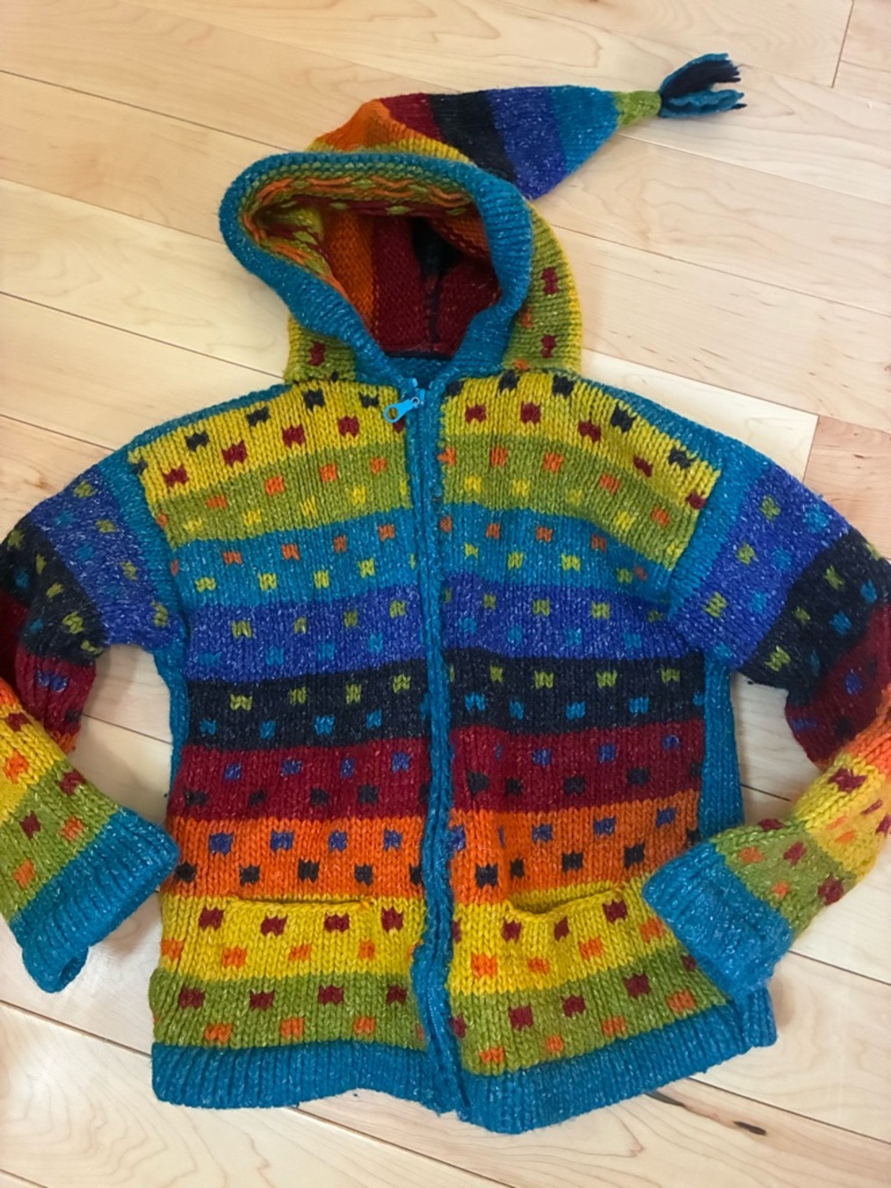 Colorful Striped Knit Hooded Zip Sweater